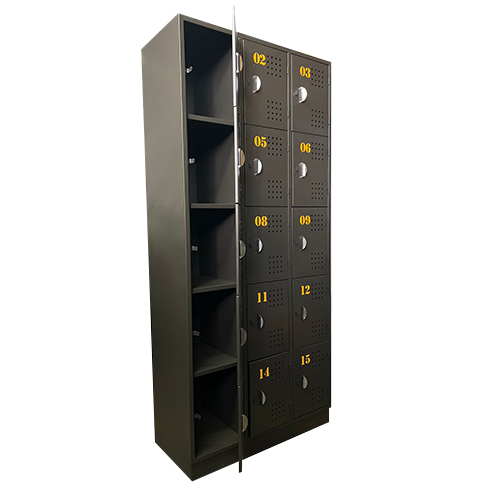 locker de 15 puestos con 5 puertas abiertas